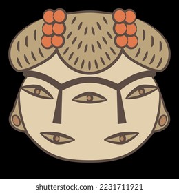 Fantastic human head with two faces. Ancient Mexican goddess from Tlatilco. Native American mythology. On black background.