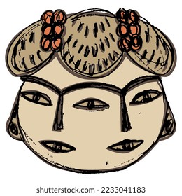 Fantastic human head with two faces. Ancient Mexican goddess from Tlatilco. Native American mythology. Hand drawn colorful rough sketch. 