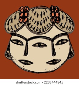 Fantastic human head with two faces. Ancient Mexican goddess from Tlatilco. Native American mythology. Hand drawn colorful rough sketch. On red background.