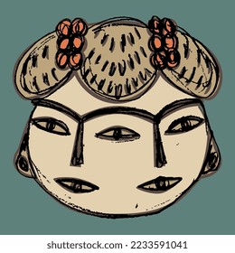 Fantastic human head with two faces. Ancient Mexican goddess from Tlatilco. Native American mythology. Hand drawn colorful rough sketch. On turquoise green background.