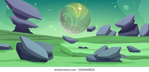 Fantastic illustration of the gameplay on a planet with huge stones. The design includes a green surface, space and a satellite with a glossy surface