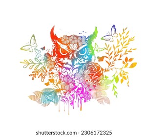 Fantastic illustration with an owl, Portrait of a colorful owl made of flowers, leaves and butterflies. Used as a coloring or print on t-shirt or notebook cover. Vector illustration