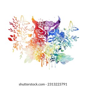Fantastic illustration with an owl, Portrait of a colorful owl made of flowers, leaves and butterflies. Used as a coloring or print on t-shirt or notebook cover. Vector illustration