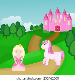 Fantastic illustration of the princess with a horse against the palace and a green field