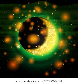 Fantastic illustration. Space, meteorites and stars. Planet. Moon. Magic crescent. Fantasy art. Green and yellow colors.