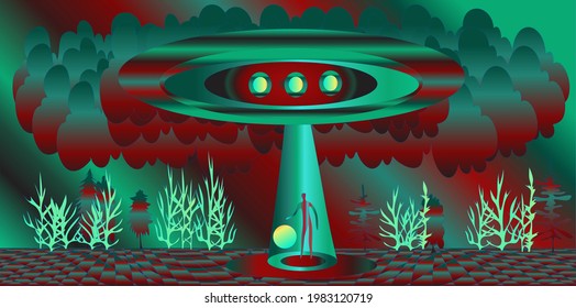 Fantastic illustration with a spaceship and an explorer. Green-red color scheme. Use it for illustrations and design.