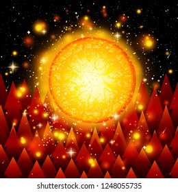 Fantastic illustration. The sun. Fantasy space. Another world.