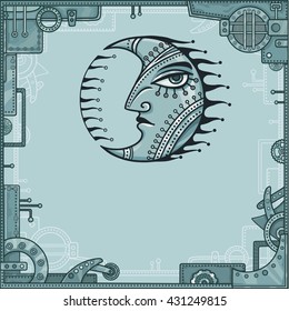 Fantastic image of iron moon. Metal amulet. A background - a frame from iron details, the steel mechanism. Vector illustration.