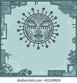 Fantastic image of the iron sun. Metal amulet. A background - a frame from iron details, the steel mechanism. Vector illustration.