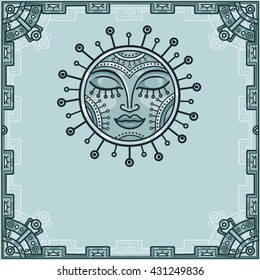 Fantastic image of the iron sun. Metal amulet. A background - a frame from iron elements. Vector illustration.