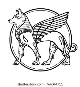 Fantastic image of a winged dog, mythological character, zodiac symbol of new year. Black and white drawing based on motives of Sumerian art, isolated on a white background. Vector illustration.