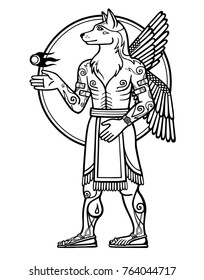 Fantastic image of a winged dog, mythological character, zodiac symbol of new year. Black and white drawing based on motives of Sumerian art, isolated on a white background. Vector illustration.