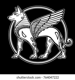 Fantastic image of a winged dog, mythological character, zodiac symbol of new year. White drawing based on motives of Sumerian art, isolated on a black background. Vector illustration.