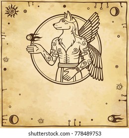 Fantastic image of a winged dog, mythological character, pagan deity. Background - imitation of old paper, space symbols. The place for the text. Vector illustration.