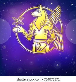 Fantastic image of a winged yellow dog, mythological character, zodiac symbol of new year. Imtiation of gold. A background - the night star sky. Place for the text. Print, poster, t-shirt, card.