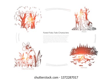 Fantastic imaginary, mythical creatures, elf, wizard, gnome and mermaid, imagination world, magic place banner template. Forest fairy tale characters concept sketch. Hand drawn vector illustration