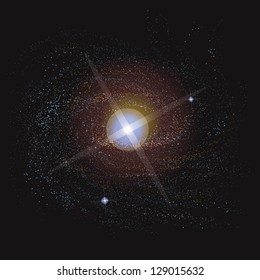Fantastic imagination vector illustrated spiral galaxy and sparkling nights sky on dark space view