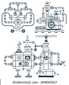 Fantastic industrial monochrome device set in a doodle style. Easy to disassemble into individual parts. Possible to collect other machines, as well as color them.