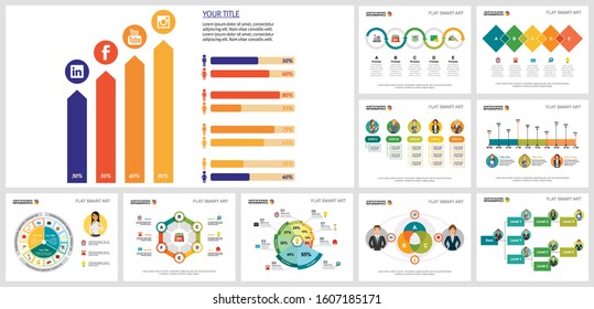 Fantastic infochart layout set for work template, monthly statistics, slide, site. Business and development concept with percentage diagram, bar, timeline, flow, pie, cycle, and process charts.