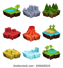 Fantastic islands for game design set, desert, volcano, forest, ice, canyon locations vector Illustrations on a white background