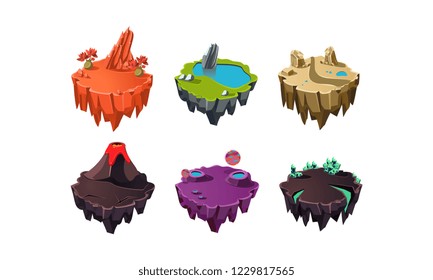 Fantastic islands set, fantasy elements of natural landscape, user interface assets for mobile apps or video games vector Illustration on a white background