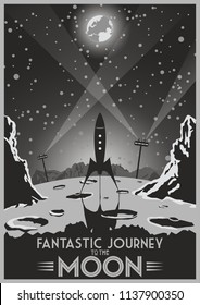 Fantastic Journey to the Moon. Vector Retro Futuristic Space Poster Stylization