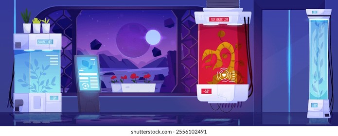 Fantastic laboratory interior with monster plants in tanks vector flat illustration. Cartoon biotechnology scientific experiment with herbs in tubes. Alien space landscape outside the window