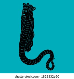 Fantastic lady snake in royal crown. Lady dragon. Lilith or Melusine. Medieval art. Monochrome black and blue silhouette.