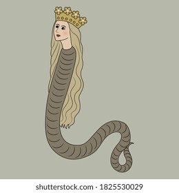 Fantastic lady snake in royal golden crown. Lilith.