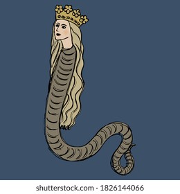 Fantastic lady snake wearing royal golden crown. Lilith. Hand drawn colorful sketch.