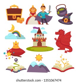 Fantastic land and fairy tale characters isolated objects vector treasure chest princess and prince with hat and cauldron rainbow and moon castle and dragon crown and magic book mountain fantasy