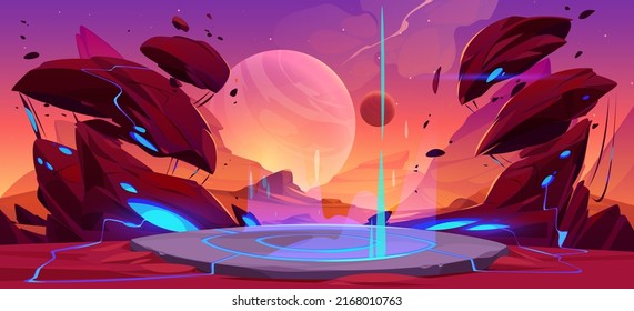 Fantastic landscape of alien planet with game battle podium, rocks, flying stones and glowing blue spots. Vector cartoon fantasy illustration of space planet surface panorama, game background