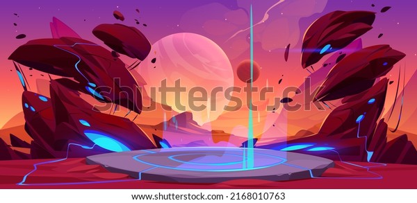 Fantastic landscape of alien planet with game\
battle podium, rocks, flying stones and glowing blue spots. Vector\
cartoon fantasy illustration of space planet surface panorama, game\
background