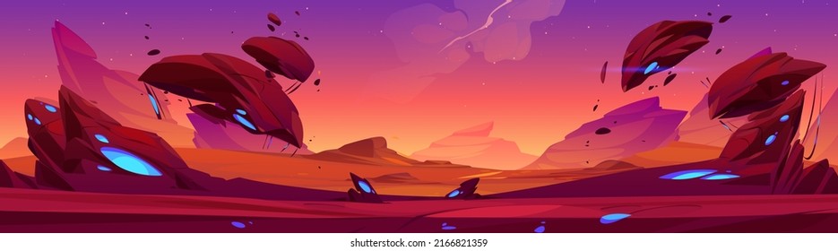 Fantastic landscape of alien planet with rocks, flying stones and glowing blue spots. Vector cartoon fantasy illustration of cosmos and planet surface panorama for space game background