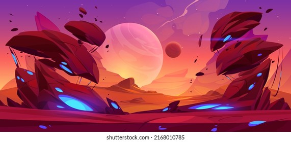 Fantastic landscape of alien planet with rocks, flying stones and glowing blue spots. Vector cartoon fantasy illustration of cosmos and planet surface panorama for space game background