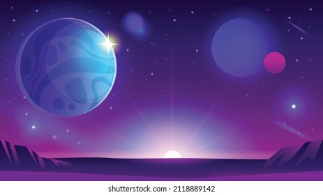 Fantastic landscape of an alien planet. Space landscape of alien planet with moon, planets and rock.Gaming space background