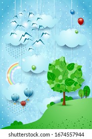 Fantastic landscape with big tree and flock of birds. Vector illustration eps10
