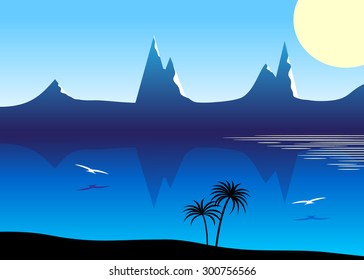 A fantastic landscape, blue rocks of steam of white birds over water