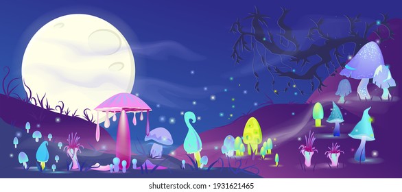 A fantastic landscape with fog, magic mushrooms and the moon in the night sky. Another world, background concept. Vector illustration