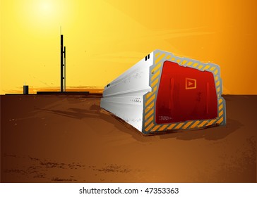 fantastic landscape of the future with container