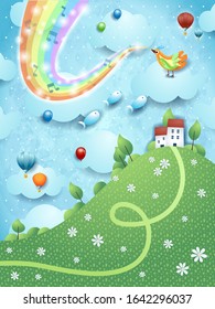 Fantastic landscape with hill, music, bird and rainbow colors. Vector illustration eps10