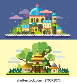 Fantastic landscape: magic castle at night, sea, starry sky, clouds, tree house, stone house with thatched roof in forest glade. Vector flat illustrations and backgrounds