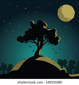 Fantastic landscape with moon and tree. For game or tale