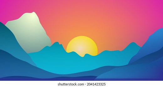 Fantastic landscape with mountains and setting sun