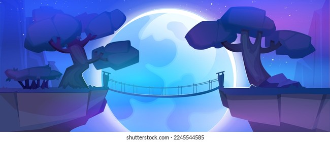 Fantastic landscape with mountains and suspension wooden bridge over precipice between cliffs in jungle. Cartoon fantasy background with rocks, stars, trees and big moon in dark sky at night.