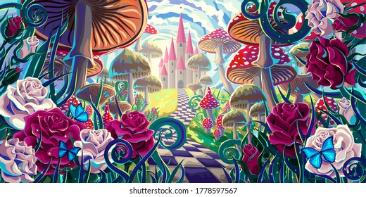 fantastic landscape with mushrooms, beautiful old castle, red and white roses and butterflies.
illustration to the fairy tale "Alice in Wonderland"