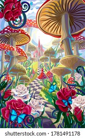 fantastic landscape with mushrooms, beautiful old castle, red and white roses and butterflies.
illustration to the fairy tale "Alice in Wonderland"