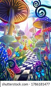 fantastic landscape with mushrooms, beautiful old castle and butterflies.
illustration to the fairy tale "Alice in Wonderland"
