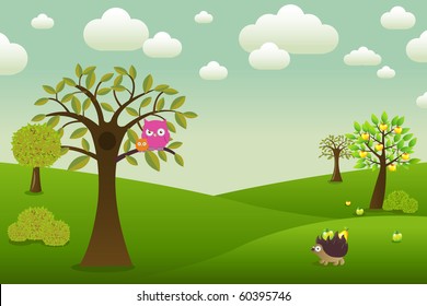 Fantastic Landscape With Owls, Hedgehog And Trees, Vector Illustration