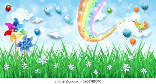 Fantastic landscape with pinwheels, bird, music and rainbow colors. Vector illustration eps10